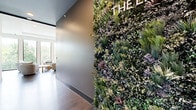 This thoughtfully designed single-floor space offers a compelling blend of modern aesthetics and unique amenities across its well-appointed rooms. The entrance hallway makes an immediate impression with a dramatic floor-to-ceiling living green wall, densely layered with a diverse mix of ferns, succulents, and lush foliage, setting a bold and inviting tone from the moment you arrive. Dark hardwood flooring runs throughout the entryway, contrasting beautifully with the organic textures of the plant installation.

The living room is a standout feature, bathed in abundant natural light streaming through a series of tall, floor-to-ceiling windows that frame expansive views of a lush, tree-lined outdoor landscape. The clean, neutral interior palette is complemented by sculptural stone wall art, plush seating arrangements, and light hardwood floors, creating a warm yet contemporary atmosphere. A built-in wet bar area with cabinetry, a sink, a beverage refrigerator, and a wall-mounted television adds a functional and stylish entertainment element to the space.

The generously sized primary bedroom rounds out the layout, offering a private and comfortable retreat. A dedicated indoor golf simulator room, complete with a projection screen, turf mat, and acoustic wall paneling, provides a truly distinctive recreational feature rarely found in spaces of this scale.