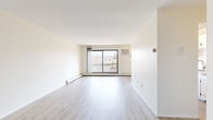 Located at 410 Van Dyke St in Saint Paul, MN, this two-bedroom, one-bathroom unit offers a practical and comfortable layout across a single floor. The open living room is bright and airy, featuring light-toned luxury vinyl plank flooring, a textured ceiling, and large sliding glass doors that lead to a private balcony overlooking the surrounding neighborhood. A wall-mounted A/C unit and baseboard heating provide year-round climate comfort. Adjacent to the living area, the galley-style kitchen is efficiently designed with white cabinetry, light stone-patterned countertops, a double stainless steel sink, and white appliances including a refrigerator and range. Both bedrooms are carpeted and equipped with ceiling fans, generous natural light from large windows, and dedicated walk-in closets with double hanging rods and shelving — offering substantial storage for each room. The full bathroom features classic white subway tile surrounding a soaking tub, white mosaic floor tile, and a clean, functional layout. Throughout the unit, neutral wall tones and consistent finishes create a cohesive, move-in-ready atmosphere well-suited for comfortable everyday living.