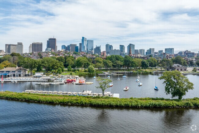 Aerial view from the Charles River looking at the Esplanade in Boston's historic Back Bay.
