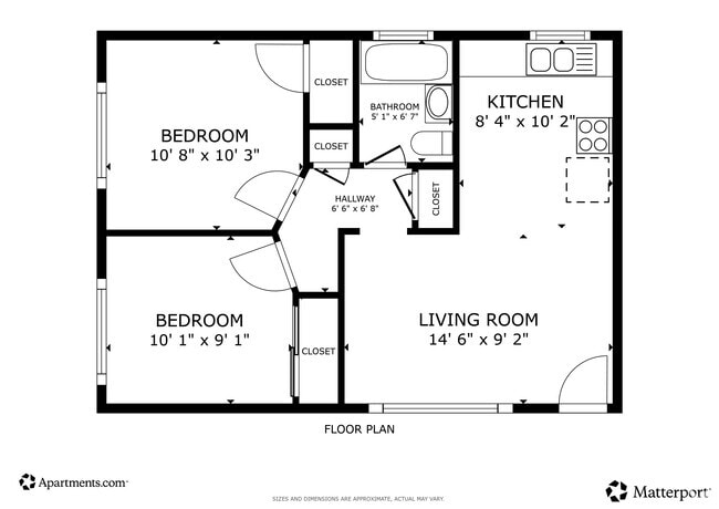 2BR, 1BA, 585SF - Floor Plan - Veridian Apartments