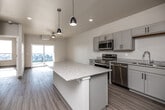 Located on Parkside Drive in Tiffin, Iowa, this well-designed one-bedroom, one-bathroom unit offers a thoughtfully laid-out floor plan across a single level. The open-concept kitchen and living area serve as the heart of the space, highlighted by a large central island with granite countertops, sleek gray shaker-style cabinetry, and a full suite of stainless steel appliances including a range, microwave, dishwasher, and refrigerator. Stylish pendant lighting hangs above the island, complementing the recessed lighting throughout. Light-toned wood-style flooring runs seamlessly across the main living areas, enhancing the bright, airy feel. A sliding glass door in the living area invites natural light and opens to an outdoor view of the surrounding neighborhood, while a ceiling fan adds comfort. The bedroom is a comfortable, well-proportioned room featuring a ceiling fan, a large window with natural light and neighborhood views, and wood-style flooring. A dedicated closet provides convenient storage. The bathroom is clean and functional, featuring a tub-shower combination, a toilet, and additional closet or linen storage space, all finished with the same light wood-style flooring. The unit's neutral color palette and modern finishes create a cohesive, contemporary aesthetic throughout.