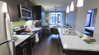This thoughtfully designed single-floor space showcases a contemporary open-concept layout that seamlessly integrates the kitchen and living areas. The kitchen is a standout feature, boasting rich dark cabinetry that extends floor to ceiling, light granite countertops, and a full suite of stainless steel appliances including a range, microwave, and a deep double-basin sink. Under-cabinet lighting adds both practicality and ambiance to the culinary space. The kitchen flows naturally into the living area, which is accented by warm hardwood-style flooring that runs throughout. A large window floods the living space with natural light, framed by elegant patterned curtains that add a touch of softness to the modern palette. The living area is warmed by accent green walls and is equipped with a ceiling fan. Pendant lighting over the kitchen island provides a stylish focal point, while an arc floor lamp in the living area adds a cozy, layered lighting scheme. The overall ambiance strikes a balance between modern sophistication and comfortable everyday living, with clean lines, contemporary finishes, and an inviting open layout.
