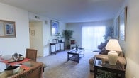 This single-story space centers around a spacious living room designed for comfort and functionality. The room features wall-to-wall carpeting in a neutral tone, contributing to a warm and inviting atmosphere throughout. A large sliding glass door dominates one wall, fitted with vertical blinds that allow for adjustable natural light, filling the room with a bright, airy quality. The living area is generously sized, accommodating a full seating arrangement that includes a sofa and accent chairs, centered around a glass-top coffee table with a lower display shelf. A slim console table along the back wall provides additional surface space and is styled with framed artwork and potted plants, adding a decorative touch to the room. Lush indoor greenery is positioned thoughtfully around the space, enhancing the overall freshness of the interior. Wall-mounted artwork and neutral-toned walls keep the aesthetic clean and cohesive. A connecting archway leads to an adjacent area, suggesting a functional and open floor plan. The combination of natural light, soft carpeting, and carefully arranged furnishings gives this space a comfortable, livable character.