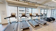 This contemporary fitness center is designed to deliver a premium workout experience across a generously proportioned, single-floor layout. The space is defined by its floor-to-ceiling windows that wrap around multiple sides of the facility, flooding the interior with abundant natural light and offering sweeping views of the surrounding urban skyline — an inspiring backdrop for any workout.

The flooring throughout consists of light-toned hardwood-style planks, providing a clean and polished aesthetic that contrasts with the exposed industrial ceiling above. Visible ductwork, structural beams, and linear LED lighting fixtures lend the space a modern, loft-like character.

The cardio zone features a dedicated row of Life Fitness treadmills and stair climbers positioned directly in front of the large windows, allowing users to exercise while taking in the city views. A separate corner area houses stationary bikes and rowing machines, also bathed in natural light from the surrounding glass walls.

The strength and free weights zone is spacious and well-appointed, offering a comprehensive selection of Life Fitness selectorized machines, cable systems, benches, and a full rack of dumbbells. Large wall-mounted mirrors run along the perimeter, visually expanding the space and supporting proper form during training.

Spin bikes and additional functional training equipment are distributed throughout, making this facility suitable for a wide range of fitness routines. The overall ambiance is bright, open, and energizing.