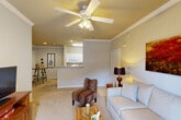 Located at 10720 Linkwood Ct in Baton Rouge, Louisiana, this one-bedroom, one-bathroom residence offers a well-organized single-floor layout designed for comfortable everyday living. The open-concept main area seamlessly connects the living room, dining space, and kitchen, creating a cohesive and functional gathering area. The living room features plush carpeting, crown molding, and a ceiling fan, while large windows and a glass patio door invite natural light throughout. The kitchen is outfitted with white cabinetry, white appliances including an electric range, microwave, and refrigerator, and a peninsula counter with bar seating that defines the space without closing it off. Adjacent to the kitchen, a dedicated dining area provides room for casual meals. The bedroom is generously proportioned, carpeted, and equipped with a ceiling fan, offering a restful retreat with direct sightlines to the kitchen area. The full bathroom features a vanity with storage, a tub-shower combination with curtain, and wood-look flooring. A dedicated laundry room houses a full-size washer and dryer with built-in shelving for added storage. Two closets provide ample organization throughout, and a private patio extends the living space outdoors.