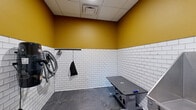 Located at 5532 38th St S in Fargo, North Dakota, this pet spa grooming room is a purpose-built space designed for professional pet care. The room features a distinctive two-tone wall design, with white subway tile wainscoting lining the lower half of all walls, paired with warm golden-yellow paint above, creating a clean and vibrant aesthetic. Dark slate-style floor tiles provide a durable, easy-to-clean surface throughout.

The room is equipped with a stainless steel dog bathing tub fitted with a handheld sprayer and built-in steps for easy pet access. A grooming table bearing a paw print emblem sits centrally in the space, offering an adjustable, professional-grade work surface. Wall-mounted accessories include a coiled grooming hose and a hook rail for storing tools and accessories. A professional-grade pet dryer is also mounted to the wall, ensuring a fully outfitted grooming station.

A wood-framed glass door allows natural light to filter in from outside, providing a view of the surrounding area. The drop ceiling features ventilation to maintain air circulation throughout the space. Thoughtfully designed for efficiency and hygiene, this grooming room delivers everything needed for a complete professional pet spa experience.