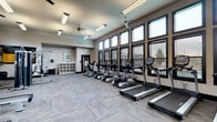 This modern fitness center is thoughtfully designed to support a comprehensive workout experience. The single-floor space features high ceilings with ceiling fans and industrial-style overhead lighting, creating a bright and comfortable environment. A row of large, dark-framed windows lines the walls at varying heights, flooding the space with natural light and offering views of the surrounding landscape, including mountain scenery visible from the cardio area.

The cardio section is well-appointed with a lineup of True-brand treadmills and elliptical machines, each equipped with individual digital displays. WaterRower rowing machines provide an additional low-impact cardio option. For strength training, a multi-station cable machine and a dedicated free weights area with a dumbbell rack, adjustable bench, and stability balls offer versatile options for users of all fitness levels.

Full-length mirrors along one wall visually expand the space and assist users in monitoring their form during workouts. Patterned carpet tile covers the floor throughout, adding a contemporary aesthetic while providing cushioning underfoot. Decorative potted plants and a framed piece of wall art add a welcoming touch to the otherwise functional environment. A cubby storage unit near the entrance provides convenient organization for personal items.