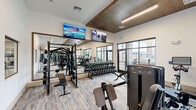 This fitness center offers a comprehensive, single-level workout facility thoughtfully designed to accommodate a wide range of exercise needs. The space features a vaulted ceiling with a distinctive wood-paneled accent inset, recessed linear LED lighting, and a ceiling fan, contributing to an open, airy atmosphere. Light-toned, durable luxury vinyl plank and patterned carpet tile flooring run throughout the space, providing both functionality and visual appeal.

The strength training area is well-appointed with a multi-station cable machine system, a full rack of dumbbells on tiered storage, adjustable benches, and additional resistance machines. Large floor-to-ceiling mirrors line the walls, visually expanding the space and allowing users to monitor their form. The cardio zone features multiple treadmills and an elliptical trainer, all positioned in front of oversized industrial-style glass garage doors that invite natural light and views of an outdoor area with palm trees.

Additional equipment includes a Concept2 RowErg rowing machine and a Life Fitness functional training unit. Multiple wall-mounted flat-screen TVs are installed throughout for entertainment. The facility also connects to an adjacent room visible through interior glass windows, further enhancing the sense of openness.