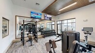 This fitness center offers a comprehensive, single-level workout facility thoughtfully designed to accommodate a wide range of exercise needs. The space features a vaulted ceiling with a distinctive wood-paneled accent inset, recessed linear LED lighting, and a ceiling fan, contributing to an open, airy atmosphere. Light-toned, durable luxury vinyl plank and patterned carpet tile flooring run throughout the space, providing both functionality and visual appeal.

The strength training area is well-appointed with a multi-station cable machine system, a full rack of dumbbells on tiered storage, adjustable benches, and additional resistance machines. Large floor-to-ceiling mirrors line the walls, visually expanding the space and allowing users to monitor their form. The cardio zone features multiple treadmills and an elliptical trainer, all positioned in front of oversized industrial-style glass garage doors that invite natural light and views of an outdoor area with palm trees.

Additional equipment includes a Concept2 RowErg rowing machine and a Life Fitness functional training unit. Multiple wall-mounted flat-screen TVs are installed throughout for entertainment. The facility also connects to an adjacent room visible through interior glass windows, further enhancing the sense of openness.