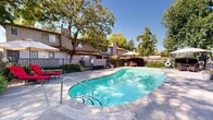 Located at 109 Herman Cir in Auburn, California, this outdoor amenity area serves as a central gathering space within a well-established residential community. The centerpiece of the space is a generously sized, kidney-shaped swimming pool with clear turquoise water, accessible via built-in entry steps and metal handrails. The pool is surrounded by a spacious concrete deck that provides ample room for lounging and movement.

The poolside area is furnished with comfortable seating options, including vibrant red lounge chairs and a shaded patio table set beneath a large umbrella, ideal for relaxing in the warm Northern California climate. The entire pool area is enclosed by a black wrought-iron security fence with a gated entry, ensuring safety and controlled access. Signage within the enclosure provides pool rules and capacity information.

Mature, leafy trees frame the perimeter of the space, offering natural shade and a lush, park-like atmosphere under clear blue skies. Manicured hedges and potted plants add greenery and visual appeal throughout. The surrounding two-story residential buildings with stucco exteriors and pitched rooflines are visible beyond the fence, providing context to the community setting. The overall ambiance is relaxed, bright, and inviting, well-suited for outdoor recreation and leisure.