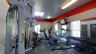 This single-floor fitness center is designed to provide a comprehensive workout environment for users of all fitness levels. The space features a bold design aesthetic, with striking red accent walls running along the upper perimeter of the room, contrasting against neutral light-colored walls and a smooth gray ceiling. Recessed and overhead fluorescent lighting ensures the space is well-lit throughout.

The facility is equipped with a range of cardio machines, including ellipticals, stationary bikes, and treadmills, arranged to allow comfortable use and movement between equipment. A Hoist multi-station strength training machine is prominently positioned, offering a variety of resistance exercises. A dedicated dumbbell rack is also available for free weight training.

Full-length mirrors line one wall, amplifying the sense of space and allowing users to monitor their form during workouts. A wall-mounted flat-screen television provides entertainment during exercise sessions. Natural light filters in through several windows, including a skylight that brightens the room from above. The flooring is finished in a durable, low-pile carpet suitable for a fitness environment. Overall, the space offers a functional and motivating atmosphere for a complete workout experience.