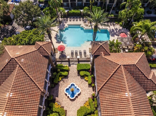 Pool and courtyard read as one space when seen from above. - Magnolia Carillon