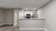 This single-floor residence offers a thoughtfully designed open-concept layout that seamlessly connects the living, dining, and kitchen areas. The interior is finished with a cohesive neutral color palette of warm greiges and crisp white trim, creating a clean and inviting atmosphere throughout.

The kitchen is a standout feature, equipped with stainless steel appliances including a refrigerator, range, and microwave. White shaker-style cabinetry provides ample storage, while granite countertops with subtle veining add an upscale touch. A peninsula with a breakfast bar extends into the living area, enhancing both functionality and the sense of open space. Tile backsplash detail adds a decorative element behind the range.

The living area is generously sized, bathed in natural light from large windows with horizontal blinds that frame views of surrounding greenery. The herringbone-patterned luxury vinyl flooring runs continuously through the main living spaces, contributing to an elegant yet durable finish.

The bedroom features a window with natural light and tree views, maintaining the same warm, neutral tones. The bathroom includes a full tub-shower combination with white tile surround and modern fixtures. A textured ceiling is present throughout, complementing the overall design of this well-maintained and move-in-ready space.
