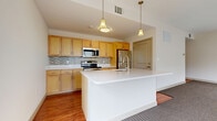 This well-designed one-bedroom, one-bathroom unit at 1373 Mt Hope Ave in Rochester, NY offers a thoughtful layout across a single floor. The entry hallway, complete with an electrical panel, leads into a bright and open living space finished with warm hardwood-style flooring throughout the main areas. The kitchen is a standout feature, boasting light maple cabinetry, a mosaic tile backsplash, stainless steel appliances including a refrigerator, range, and microwave, and a generous white quartz island with a built-in sink and pendant lighting overhead — ideal for both meal preparation and casual dining. The kitchen flows seamlessly into the combined dining and living area, creating an open, airy atmosphere. The bedroom offers plush carpeting, a large window that invites natural light, and a closet with built-in shelving for organized storage. The bathroom is clean and functional, featuring a full soaking tub with shower, a wood-toned vanity, and a white quartz countertop. Additional highlights include three closets for ample storage, multiple hallways connecting the spaces efficiently, and the convenience of two in-unit laundry areas. The space maintains a consistent, modern aesthetic with neutral tones throughout.