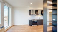 This efficiently designed single-floor unit offers a thoughtful layout that maximizes every square foot. The open-concept kitchen and living area serves as the heart of the space, featuring light hardwood flooring throughout that adds warmth and continuity. The kitchen is outfitted with dark cabinetry, a stainless steel gas range, a ventilation hood, a subway tile backsplash, and light countertops — all contributing to a sleek, modern aesthetic. A built-in open shelving unit acts as a stylish divider between the kitchen and living area, providing both storage and visual interest without closing off the space. The living area benefits from a ceiling fan and clean white walls that enhance the sense of openness. Large windows at the far end of the unit flood the space with natural light and frame views of the surrounding urban cityscape. A narrow hallway connects the main living area to the bathroom, which features a walk-in shower with chrome fixtures and a grab bar, finished with clean white walls and the same hardwood flooring. Recessed lighting runs along the corridor, providing functional illumination. The unit's contemporary design, efficient use of space, and urban outlook make it a well-appointed and practical living environment.