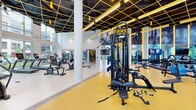 Located at 4 Vermella Way in Union, NJ, this professionally designed fitness center offers a comprehensive exercise facility spread across a single, expansive floor. The space is defined by two distinct architectural zones that blend seamlessly together. The main workout area commands attention with soaring double-height ceilings adorned with a striking black grid featuring bold yellow linear lighting accents, creating an energizing and modern aesthetic. Floor-to-ceiling windows along multiple walls flood the space with natural light and provide open views of the outdoor pool and surrounding courtyard, keeping the environment bright and motivating. The main floor features a vibrant yellow rubber flooring in the strength and functional training zone, equipped with cable machines, free weights, benches, and a full rack system. Adjacent to this area, a cardio zone with treadmills, ellipticals, stair climbers, and stationary bikes is arranged to maximize views of the outdoor amenities. A quieter secondary wing transitions into a more subdued, neutral-toned environment with white terrazzo-style flooring and continued access to cardio equipment. A dedicated yoga and stretching studio rounds out the facility, featuring light wood flooring, a wall-mounted television, floor-to-ceiling mirrors with a ballet barre, and curated wall art, offering a calm retreat for low-impact training and mindfulness practices.