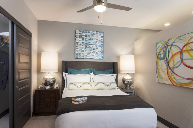 Modern lighting throughout with ceiling fans - Studio LoHi Apartments