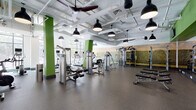 This fitness center offers a thoughtfully designed, single-floor layout that provides ample space for a comprehensive workout experience. The open floor plan accommodates a wide range of equipment, including multiple treadmills, cable machines, weight benches, and resistance training stations, all arranged to allow comfortable movement between areas.

Architecturally, the space features soaring exposed ceilings with visible ductwork painted white, lending an industrial yet clean aesthetic. Large pendant light fixtures hang throughout, complementing the ceiling fans that contribute to air circulation. Bold green-painted structural columns punctuate the space, adding a lively pop of color that aligns with a health-focused environment.

Natural light fills the gym through floor-to-ceiling windows along the perimeter, offering outdoor views and creating an energizing atmosphere. A decorative nature-inspired wall mural runs the length of the cardio area, reinforcing the fresh, active ambiance. The durable rubber flooring is practical and well-suited to heavy equipment use.

A glassed entry vestibule with sanitization dispensers and waste receptacles ensures a clean transition into the facility. Overall, the space is bright, modern, and well-appointed for diverse fitness needs.