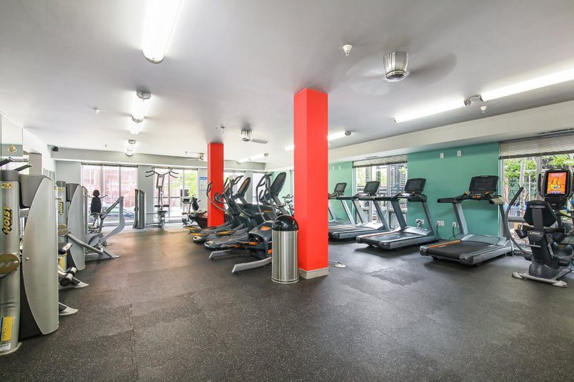 Gym with treadmills, ellipticals, and weight machines.