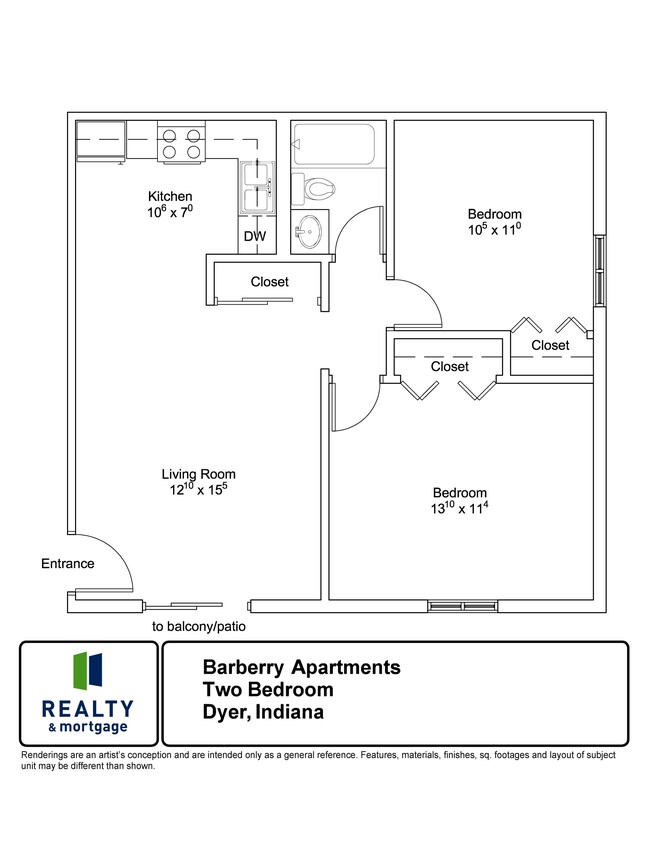 Plano de planta de dos habitaciones - Barberry Apartments