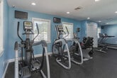 Located at 200 Red Cedar Ct in Chesapeake, Virginia, this fitness center is a well-equipped, single-floor facility designed to support a comprehensive workout routine. The space is finished with calming light blue walls, white trim, and durable rubber flooring, creating a clean and energizing environment throughout.

The cardio area features multiple Matrix treadmills and elliptical cross-trainers, each equipped with individual display monitors mounted on the wall above for entertainment during workouts. Natural light filters in through several white-trimmed windows fitted with blinds, lending the space a bright and welcoming atmosphere.

The strength training section includes a multi-functional cable machine with a variety of attachments, a weight bench, and a full rack of dumbbells ranging across multiple weight increments. A stability ball rounds out the free-weight area, accommodating a range of exercise preferences.

Additional amenities include a wall-mounted water fountain for convenient hydration, hand sanitizer dispensers and posted sanitization notices promoting cleanliness, and a small utility table stocked with cleaning supplies. Recessed lighting supplements the natural light, ensuring the space is well-lit at all times. A wall-mounted television provides additional entertainment options. The facility is serviced by a central HVAC system and is accessible via a standard entry door.