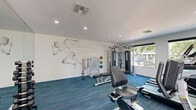 Located at 5220 W Northern Ave in Glendale, Arizona, this fitness center offers a well-appointed exercise space designed to support a variety of workout routines. The room is outfitted with a thoughtful selection of Spirit-brand cardio equipment, including a treadmill, elliptical, and recumbent bikes, alongside a multi-station cable machine, a dumbbell rack, adjustable bench, and a Smart functional training system complete with resistance bands and medicine balls. A wall-mounted flat-screen television adds a convenient entertainment option during workouts. The interior is finished with crisp white walls and vibrant multi-toned blue carpet tiles that lend a modern, energetic feel to the space. A floor-to-ceiling mirror along one wall enhances the sense of openness. Recessed lighting provides bright, even illumination throughout. A standout design element is the large geometric wire-figure mural of a running athlete, adding a dynamic and artistic focal point to the room. Large windows along one wall invite natural light and provide outdoor views of the surrounding greenery, while a glass-panel door offers direct exterior access, creating an airy, welcoming atmosphere ideal for an active lifestyle.