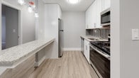This single-floor, one-bedroom, one-bathroom unit offers a clean, modern aesthetic defined by a neutral gray and white color palette throughout. The open-concept living area is generously proportioned, featuring a seamless transition between wood-look luxury vinyl plank flooring and plush wall-to-wall carpeting, with baseboard heating running along the perimeter walls. Natural light filters in through double windows dressed with blinds, creating a bright and welcoming atmosphere.

The kitchen is thoughtfully designed with white shaker-style cabinetry, stainless steel appliances including a refrigerator, range, and built-in microwave, complemented by a herringbone-patterned tile backsplash and light stone-look countertops. A peninsula counter provides additional prep space and a casual dining option.

The bedroom is carpeted and includes a dedicated closet, offering practical storage. The bathroom features a full tub-shower combination with crisp white surround panels and chrome fixtures, maintaining the unit's clean, contemporary feel. Overall, the space presents a well-maintained, move-in-ready interior with cohesive modern finishes.