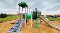 This outdoor playground features a nature-inspired design centered around a multi-level play structure finished in green, tan, and dark brown tones. The centerpiece is a raised platform topped with a bold tree-shaped canopy, supported by sturdy metal posts and accessible via a stepped climbing ladder. A textured rock-climbing wall leads to an upper level, while a wide slide provides an alternative descent on one side and a smooth straight slide exits on the opposite end of the structure. A green cylindrical tunnel connects key sections of the equipment, encouraging exploratory movement through the structure. Vertical climbing panels with varied grip patterns offer additional physical challenges for developing motor skills. Freestanding interactive elements, including a yellow flower-shaped spinner and a green mushroom-style ground spinner, are positioned nearby to provide supplementary play opportunities at ground level. The entire structure sits on a generous wood chip surface that provides impact absorption and defines the play zone. The surrounding landscape features well-maintained open green space, offering clear sightlines for supervision. The overall design balances active physical play with imaginative, nature-themed aesthetics suitable for a range of ages.