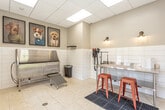 This dedicated pet spa is a thoughtfully designed, single-room grooming facility built with both functionality and style in mind. The space features white subway tile wainscoting along all walls, providing a clean, hygienic surface that pairs seamlessly with the light-toned tile flooring and anti-fatigue rubber mats for added comfort underfoot.

At the heart of the room is a professional-grade stainless steel bathing tub, complete with an attached hose and a step stool for easy pet access. A large bank of windows along one wall floods this area with natural light and offers views of the surrounding outdoor greenery. Framed whimsical dog portrait artwork adorns the walls above the tub, lending a playful and welcoming character to the space.

Opposite the bathing area is a stainless steel grooming table mounted to the wall, accompanied by a wall-mounted pet dryer and orange metal stools. Warm brass sconce lighting above the grooming station creates an inviting atmosphere. An exterior glass-panel door provides direct outdoor access, alongside decorative metal dog leash hooks mounted to the tiled wall. A drop ceiling with integrated fluorescent lighting ensures consistent, even illumination throughout. The overall design balances a clean, professional aesthetic with charming decorative touches that make this pet spa both practical and enjoyable to use.