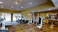 This fitness center offers a comprehensive workout environment designed to accommodate a variety of exercise routines. The space is finished with warm olive-green and tan walls that create an energizing atmosphere, complemented by a patterned carpet in earth tones of brown, tan, and gold that defines the workout area.

The room is well-lit through a combination of recessed ceiling lights and a ceiling fan that promotes air circulation throughout the space. A large window along one wall allows natural light to pour in while providing views of the surrounding greenery outdoors, enhancing the overall environment.

The fitness center is equipped with a solid selection of cardio machines, including ellipticals and a stationary bike positioned near the window. A multi-station cable weight machine anchors the strength training section, accompanied by additional resistance equipment and free weight stations. A stability ball and other accessories round out the available equipment.

A mirrored wall on one side of the room visually expands the space and allows users to monitor their form during workouts. An adjacent doorway provides access to a connected room, adding functional convenience to the layout.