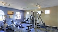This fitness center offers a comprehensive workout environment designed to accommodate a range of exercise needs. The space features a diverse selection of equipment, including an elliptical trainer, a stationary recumbent bike, a rowing machine, and a multi-station cable weight machine, providing options for both cardiovascular and strength training workouts. An additional stair climber rounds out the cardio offerings. The room is finished with patterned, blue-toned flooring that adds a distinctive visual character to the space. Walls are painted in a two-tone scheme, with a deep blue accent wall on one side and neutral beige tones on the others, creating a motivating and dynamic atmosphere. Natural light filters into the room through an arched window and several smaller rectangular windows positioned along the upper walls, keeping the space bright and airy. Overhead track lighting supplements the natural light, ensuring even illumination throughout the facility. The ceiling features a standard finish with visible ventilation, maintaining comfort during workouts. Overall, the fitness center is thoughtfully arranged to maximize usability while maintaining an open, energetic feel.