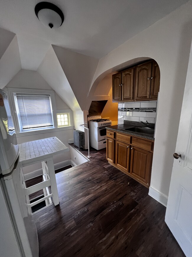 Kitchen area with new refrigerator - 345 Bedford Ave