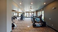 Located at 15876 Grand Palisades Pkwy in Charlotte, NC, this single-story fitness center is designed to support a comprehensive range of workout routines across multiple distinct zones. The facility features a neutral color palette of warm taupe and gray tones, paired with patterned carpet flooring and recessed lighting complemented by ceiling fans throughout, creating a comfortable and well-ventilated environment.

The cardio zone offers a generous row of treadmills, ellipticals, and stationary bikes from Matrix and other leading brands, arranged to maximize floor space and allow natural light to filter in through large windows lining the walls. Views of surrounding greenery and the broader community enhance the atmosphere during workouts.

A dedicated strength training area includes a cable machine, weight bench, and Smith machine, positioned near expansive windows that bring in daylight and outdoor views. An adjacent functional training room provides open floor space stocked with medicine balls, stability balls, battle ropes, plyo boxes, and resistance equipment, alongside floor-to-ceiling mirrors and a mounted flat-screen television.

Entry to the facility is marked by sleek glass-panel sliding doors with dark metal framing, offering a transparent view into the space. Throughout, the layout is spacious and thoughtfully organized, supporting a diverse fitness experience.