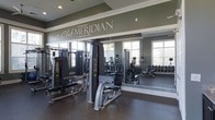 Club Meridian is a well-appointed fitness center designed to support a comprehensive workout experience. The space is finished with dark, durable flooring suited for high-traffic exercise use, and the walls are painted in a sophisticated grey tone that lends the room a modern, polished atmosphere. Crown molding along the upper walls adds a refined architectural detail that elevates the overall aesthetic beyond a standard gym environment.

The facility is equipped with a selection of Body-Solid strength training machines, including cable and resistance units, providing users with a range of targeted muscle group exercises. A dumbbell rack is visible along the far wall, accompanied by cardio equipment such as ellipticals and additional machines. Large floor-to-ceiling mirrors line one wall, visually expanding the space while allowing users to monitor their form during workouts.

Natural light filters in through multiple white-framed windows, creating a bright and energizing atmosphere. Recessed lighting in the ceiling supplements illumination throughout the day. The "Club Meridian" branding is prominently displayed in elegant script along the upper mirror, reinforcing the identity of this well-maintained community fitness amenity.