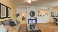 This single-story space features an open and connected layout that promotes a sense of flow between living areas. The main living room is anchored by warm wood-style flooring and a ceiling fan with a light fixture overhead, contributing to a comfortable, well-lit atmosphere. The room accommodates a seating area with a sofa, a glass-top coffee table, and a decorative console table adorned with a round ornate mirror, lending the space a stylish, curated character.

A visible passageway leads directly into a bedroom, which features tile flooring and warm ambient lighting, suggesting a smooth transition between living and private spaces. To the right, a pass-through opening connects to what appears to be a kitchen, offering glimpses of cabinetry and additional lighting, enhancing the open feel of the floor plan.

The walls are painted in a neutral, light tone with a warm accent wall in the living area, adding depth without overwhelming the space. Architectural details such as the open pass-through and wide doorways contribute to the airy, interconnected nature of this single-floor layout, making it feel spacious and well-organized throughout.
