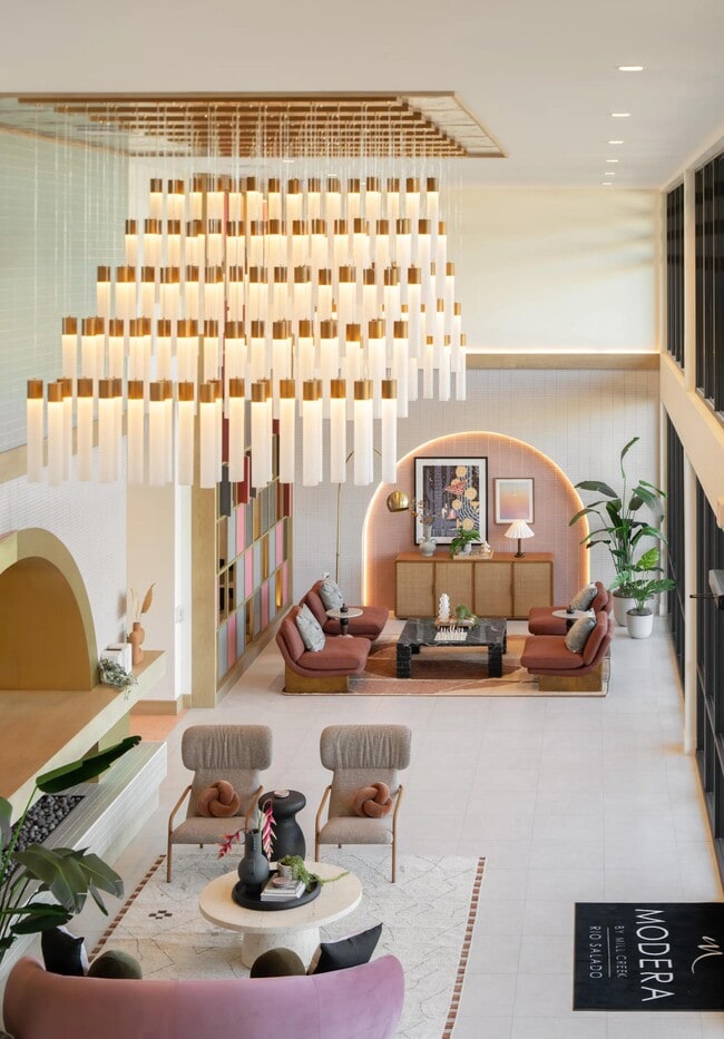 Statement lighting and desert-inspired design welcome you home at Modera Rio Salado in Tempe. - Modera Rio Salado