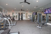 Located in Brookhaven, Georgia, this single-floor fitness center at 3519 Sunderland Way NE offers a well-appointed workout facility designed to support a full range of exercise routines. The space is thoughtfully organized into distinct zones, accommodating both cardiovascular training and strength conditioning.

The cardio area features multiple Matrix treadmills equipped with digital consoles, an elliptical trainer, a rowing machine, and a stationary spin bike. Windows along the walls allow natural light to filter in, providing views of the surrounding greenery and creating an open, energizing atmosphere. Recessed lighting and ceiling fans throughout ensure the space remains comfortable during workouts.

The strength training section is equally well-equipped, housing a cable crossover machine, a variety of selectorized resistance machines, free weights with a dedicated dumbbell rack, and flat benches. A large mirrored wall spans one side of the room, amplifying the sense of space and allowing users to monitor their form during exercises. Mounted flat-screen televisions are positioned for easy viewing from multiple workout stations.

A wooden wall-mounted storage rack adds a warm, functional touch for organizing accessories and equipment. French doors on one side of the facility open toward an outdoor area, further enhancing the light and airy feel of this comprehensive fitness space.