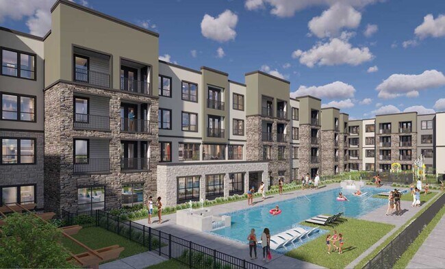 Piscina estilo resort con tumbonas, césped ajardinado y edificios de apartamentos de varias plantas que rodean el espacio. - Sageland Flats at Brooks