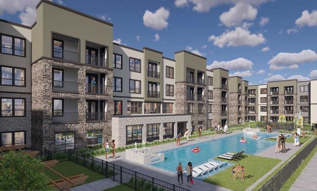 Resort-style swimming pool with lounge seating, landscaped lawn, and multi story apartment buildings surrounding the space - Sageland Flats at Brooks