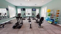 This fitness center on E Revere Blvd in Huntsville, Alabama, is a thoughtfully designed, single-level space outfitted to support a comprehensive workout routine. The room is finished with soft teal-green walls and neutral carpet tile flooring, creating a clean and energizing atmosphere throughout.

Large windows fitted with white plantation blinds line the walls, allowing abundant natural light to fill the space while offering views of the surrounding outdoor area, including a glimpse of a pool. Ceiling fans and recessed lighting provide additional comfort and illumination.

The cardio section is well-stocked with multiple TRUE-brand treadmills positioned along the windowed wall, accompanied by an elliptical trainer, a recumbent bike, and a rowing machine. Wall-mounted flat-screen televisions are positioned for easy viewing during workouts. A dedicated strength training area features a multi-station cable machine, a dumbbell rack with a full range of weights, and an adjustable weight bench. Large floor-to-ceiling mirrors reflect the room, enhancing the sense of space and allowing users to monitor their form. A freestanding rack holds an assortment of stability balls and resistance accessories, rounding out the facility's functional training offerings.