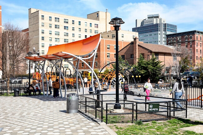 Yolanda García Park serves as a green space among the neighborhood’s residential buildings.