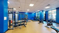 This fitness center offers a comprehensive workout environment within a generously sized single-floor layout. The space is immediately distinguished by its vibrant cobalt blue walls, which lend a high-energy ambiance throughout. Durable, light-toned resilient flooring covers the workout area, providing a practical and easy-to-maintain surface suited for a variety of exercises.

The facility is thoughtfully divided into distinct workout zones. A dedicated cardio section features treadmills, stationary spin bikes, and an air bike, all positioned near large windows that allow natural light to fill the space and offer views to the outside. A strength training area houses a multi-station cable machine, a full dumbbell and kettlebell rack, and additional weight benches. A separate functional training zone provides open floor space equipped with stability balls, adjustable benches, and other accessories, complemented by a wall-mounted flat-screen television and a large mirror that enhances the sense of space.

The drop ceiling with recessed panel lighting ensures consistent, well-distributed illumination throughout. Sanitation supplies are conveniently mounted near the entrance, and a floor mat at the entry door adds a practical touch. The space is accessed through a glass-door entry with sidelight windows, reinforcing the bright, welcoming character of this fully appointed fitness facility.