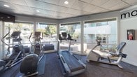 Located at 425 Merrimac Way in Costa Mesa, California, this well-appointed fitness center offers a comprehensive workout environment designed to inspire and motivate. The single-floor facility is divided into two distinct zones: a bright, windowed cardio area and a dedicated strength training space.

The cardio section is enclosed by large floor-to-ceiling windows on multiple sides, flooding the room with natural light and providing open views of the surrounding outdoor pool area and palm-lined grounds. Treadmills, elliptical trainers, and a stationary bike are positioned to take full advantage of these outdoor views, creating an airy and energizing atmosphere. The space features dark, durable carpet flooring and a drop-panel ceiling with recessed lighting.

The strength training area makes a bold visual statement with a large-scale black-and-white photographic mural depicting surfers in action, spanning an entire wall and evoking the spirit of Southern California's beach culture. Motivational words such as "determination," "motivation," and "focus" are displayed prominently along the upper walls. The area is equipped with cable weight machines, a flat bench, and additional resistance equipment. Industrial-style pendant lighting hangs from the ceiling, complementing the space's modern aesthetic. Together, both areas create a functional and visually engaging fitness environment.