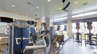 This single-level fitness center offers a comprehensive workout environment designed to accommodate a variety of exercise routines. The space is outfitted with an extensive selection of equipment, including treadmills, ellipticals, and multiple cable and resistance machines arranged to maximize usability and flow throughout the room.

Natural light filters in through a series of clerestory windows positioned along the upper walls, as well as larger floor-to-ceiling windows and a glass door that open to an outdoor view, creating a bright and energizing atmosphere. Roller shades provide the option to control light levels as needed. Recessed ceiling lighting supplements natural light, ensuring the space remains well-lit at all times.

Two modern ceiling fans are mounted overhead, promoting air circulation throughout the facility. The flooring features a durable, speckled surface suited for high-traffic athletic use. A decorative typographic mural with urban-themed text adds a local character to one wall, accompanied by mounted flat-screen televisions for entertainment during workouts. The overall design balances functionality with a clean, contemporary aesthetic.