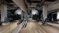This expansive two-floor fitness facility is thoughtfully designed to accommodate a full spectrum of training needs across distinctly zoned areas. The lower level makes an immediate impression with its wide-plank hardwood flooring, floor-to-ceiling mirrors, and exposed industrial ceiling fitted with track lighting. A comprehensive free weights section lines one wall, featuring a full rack of dumbbells alongside adjustable benches, while a dedicated functional training zone offers cable machines, TRX systems, medicine balls, and plyometric equipment set against textured dark wall panels and rubber flooring. A dramatic double-height atrium connects the two floors via a striking staircase finished in rich dark wood with glass panel railings and copper-toned handrails, creating a bold architectural focal point. The upper level transitions to a brighter, more open atmosphere, with blue accent walls, recessed coffered ceilings, and large floor-to-ceiling windows that flood the space with natural light and offer views to an outdoor pool area. This level is home to a full cardio suite featuring treadmills, ellipticals, rowing machines, and a robust selection of strength training machines. The facility balances industrial-modern aesthetics on the lower floor with a light-filled, polished environment above, delivering a cohesive and well-equipped fitness experience throughout.