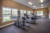 Located at 6574 E Brainerd Rd in Chattanooga, Tennessee, this well-equipped fitness center offers a comprehensive workout environment across a single floor. The main exercise area is defined by soaring vaulted ceilings with exposed beam detailing, warm neutral walls, and large windows that flood the space with natural light and views of the surrounding outdoor landscape. The open layout accommodates a generous selection of strength training machines, a multi-functional power rack, adjustable benches, and a tiered dumbbell rack, all arranged to allow comfortable circulation throughout. Floor-to-ceiling mirrors line key walls, enhancing the sense of space while allowing users to monitor their form. A dedicated cardio zone features multiple treadmills, elliptical trainers, and a stationary bike, positioned along a bank of windows to create an airy, motivating atmosphere. An adjoining aerobics and group fitness studio is finished with rich hardwood-style flooring, periwinkle blue walls, wall-mounted ballet barres, and expansive mirrors, making it well-suited for stretching, yoga, or group classes. Stability balls and step platforms are available within this room. Throughout the facility, carpeted and hardwood surfaces, arched architectural accents, and white column details contribute to a clean, polished aesthetic that balances function with an inviting ambiance.