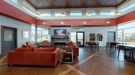 Located at 271 Pearl Rd in Brunswick, Ohio, this single-floor space presents a striking contemporary design defined by bold terracotta-red accent beams, warm wood-paneled ceilings, and large floor-to-ceiling windows that flood the interior with natural light and offer views of the surrounding outdoor areas. The open-concept layout is anchored by a stylish lounge area furnished with rich burnt-orange sofas and accent chairs arranged around a decorative tiled fireplace topped with a wall-mounted flat-screen television, creating an inviting focal point. Clerestory windows positioned along the upper walls enhance the sense of volume and allow additional daylight to permeate the space throughout the day. A dedicated seating nook near the expansive windows features mid-century-inspired chairs paired with a small side table, offering a quieter setting. A casual dining area with a wooden high-top table and upholstered chairs sits adjacent to the main lounge, complemented by contemporary artwork mounted on the walls. The fully equipped kitchen includes stainless steel appliances, ample cabinetry, dark countertops, and a generous island with bar seating. Tile flooring with varied inlay patterns flows throughout, unifying the space. Access to an outdoor patio area with seating is available through glass doors, extending the usable space outdoors.