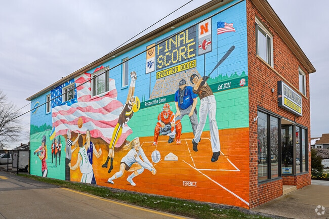 Final Score Sporting Goods, in Parma, features a mural by Stephen Ferencz ,highlighting sports.