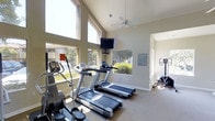 This fitness center is housed within a bright, single-floor space defined by striking vaulted ceilings that lend an open and airy atmosphere. Large windows line the walls, flooding the interior with natural light and offering views of the surrounding outdoor greenery, creating an inviting environment for exercise. A ceiling fan is mounted at the apex of the vaulted ceiling, ensuring comfortable airflow throughout the room. The cardio equipment lineup includes multiple treadmills, an elliptical trainer, and a stationary upright bike, providing a well-rounded selection for cardiovascular workouts. A wall-mounted flat-screen television is positioned for easy viewing during exercise. The flooring is carpeted, and the walls are finished in a neutral tone that contributes to the clean, functional aesthetic of the space. A posted fitness center rules sign is visible on the wall, indicating this is a shared amenity facility. The layout is thoughtfully organized to maximize usability while maintaining an uncluttered feel, making the space practical and accessible for a range of fitness routines.