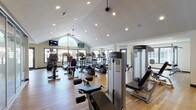 This single-level fitness center is thoughtfully designed to support a wide range of workout routines. The space is divided into distinct functional zones, each dedicated to a specific type of training. Architecturally, the facility is distinguished by vaulted ceilings with a prominent arched window that floods the cardio area with natural light, complemented by recessed lighting throughout. Warm hardwood flooring spans the entire facility, contributing to a clean and inviting atmosphere.

The cardio zone houses a row of Life Fitness treadmills, stair climbers, and elliptical machines positioned facing large windows with outdoor views, each accompanied by mounted flat-screen televisions. Adjacent to this area, a strength-training section features multiple Life Fitness cable and resistance machines, along with a dedicated free weights area equipped with a full dumbbell rack and wall mirrors. A frosted glass-partitioned section provides a more open, flexible space suitable for stretching or group exercise. Built-in shelving units offer convenient storage throughout the facility. The overall ambiance is modern, functional, and well-maintained, designed to accommodate diverse fitness needs.